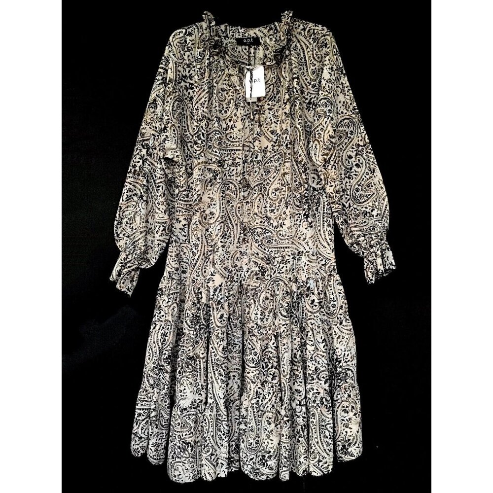 O.P.T. Womens Long Sleeve Tiered Dress Medium Tan Paisley Print Midi Maxi NWT